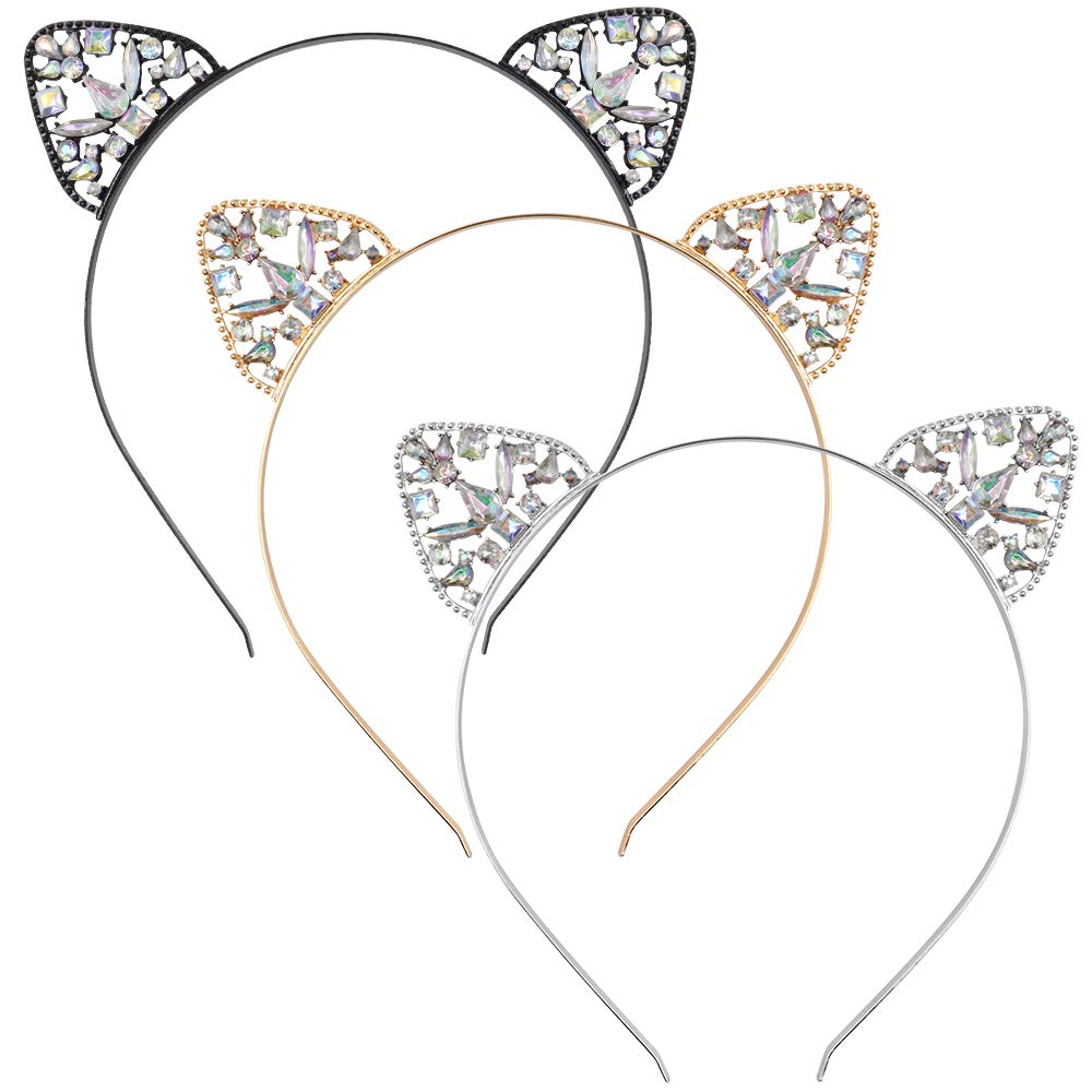 NODG 3 Pieces Crystal Cat Ears Headbands Rhinestone Cat Ear Tiaras for Women Crystal Hair Hoop Women Girls Kids Party Decoration Headdress Cosplay Costume Head wear