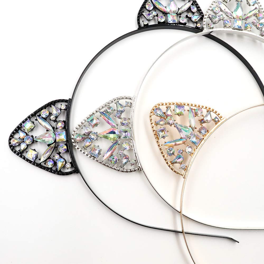 NODG 3 Pieces Crystal Cat Ears Headbands Rhinestone Cat Ear Tiaras for Women Crystal Hair Hoop Women Girls Kids Party Decoration Headdress Cosplay Costume Head wear