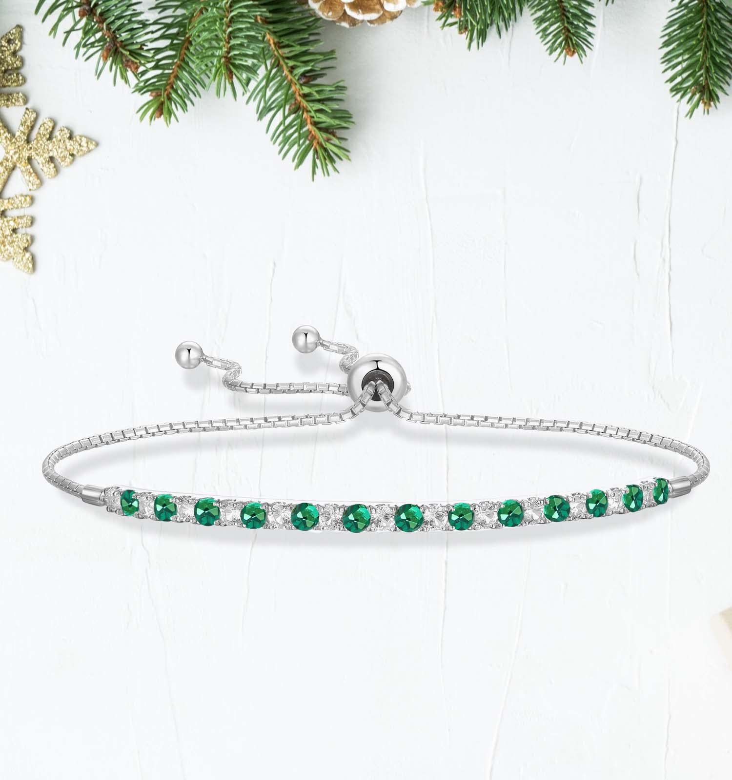 Tirafina Lab-Created Emerald and Lab-Created White Sapphire Adjustable Bolo Bracelet, Sterling Silver, Easy-On Easy-Off (6, 7 and 8 inch Wrist Size)