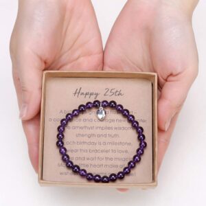 25th Birthday Gifts for Women Amethyst Bead Bracelet with Sterling Silver Heart Charm Happy 25th Birthday Gifts for Her with Card and Gift Box