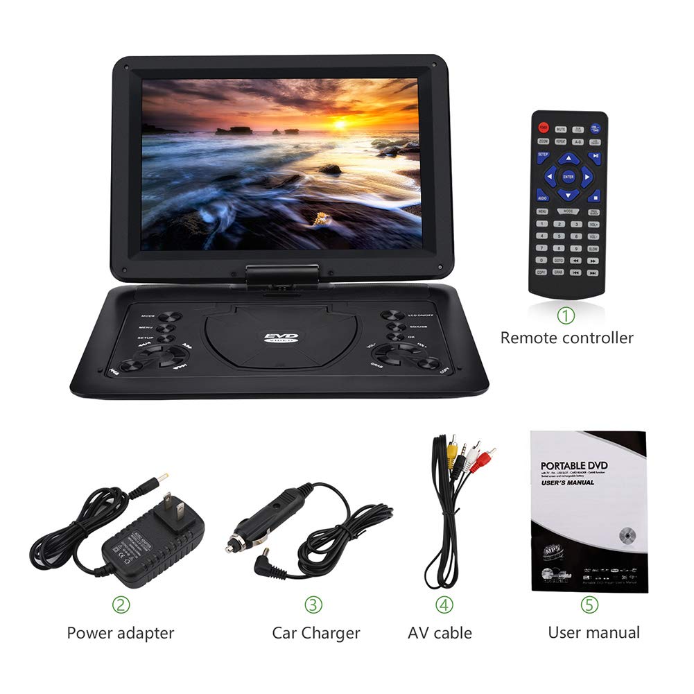 Portable DVD Player with 10.1" High-Definition Swivel Screen, Built-In 5 Hours Rechargeable Battery, Stereo Sound, Region Free,Support USB/SD/AV Out And IN