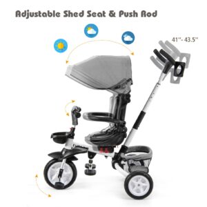 BABY JOY Tricycle, 7 in 1 Folding Toddler Bike w/Removable Push Handle, Rotatable Seat, Adjustable Canopy, Safety Harness, Storage, Cup Holder, Trike for 1-5 Year Old, Tricycle for Toddlers (Gray)