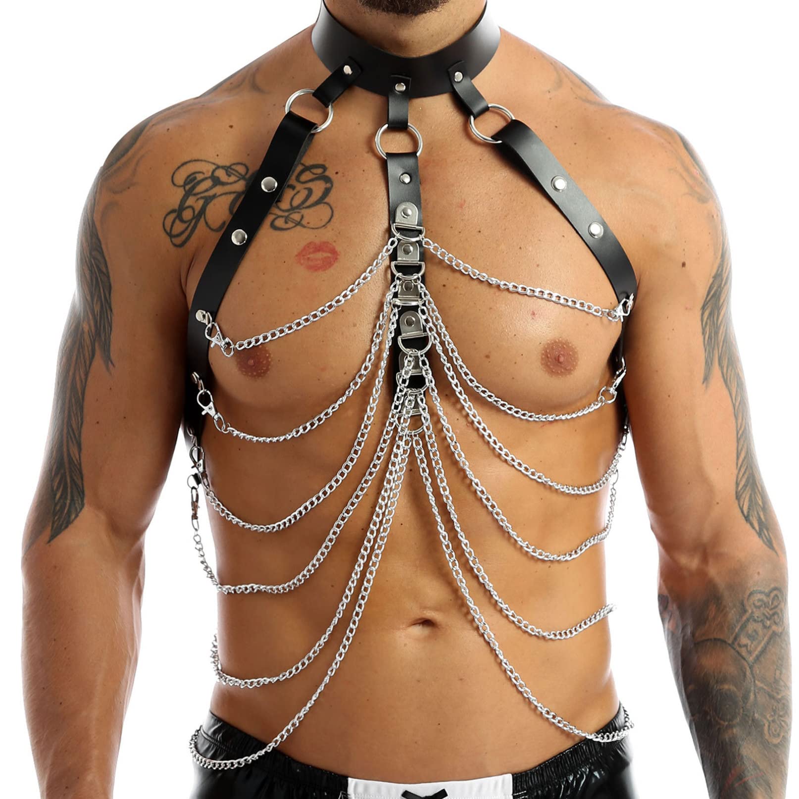 YiZYiF Men's Adjustable Leather Body Chest Harness Belt Clubwear with Fancy Buckles Chains Black One Size