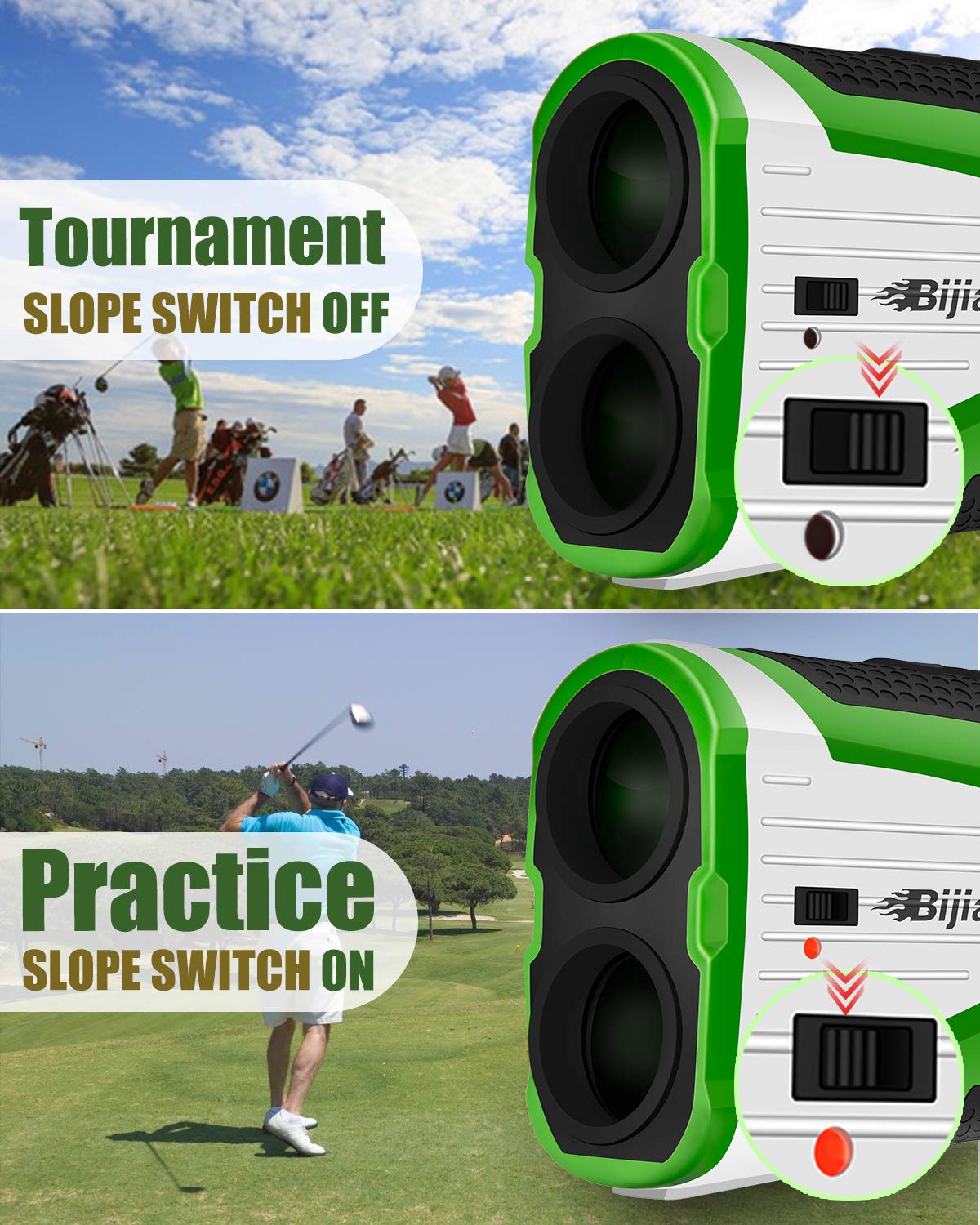 BIJIA Golf Rangefinder with Slope Switch-700Yards 6X Laser Range Finder with Slope On/Off Switch Rechargeable High Precision Flaglock/Scan/Slope/Angle/Speed/Vibration for Golfing/Tournament Legal