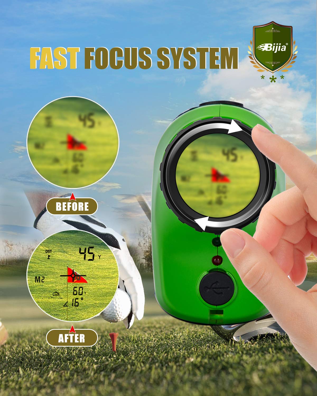 BIJIA Golf Rangefinder with Slope Switch-700Yards 6X Laser Range Finder with Slope On/Off Switch Rechargeable High Precision Flaglock/Scan/Slope/Angle/Speed/Vibration for Golfing/Tournament Legal