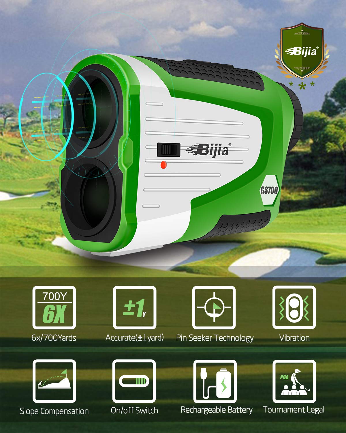 BIJIA Golf Rangefinder with Slope Switch-700Yards 6X Laser Range Finder with Slope On/Off Switch Rechargeable High Precision Flaglock/Scan/Slope/Angle/Speed/Vibration for Golfing/Tournament Legal