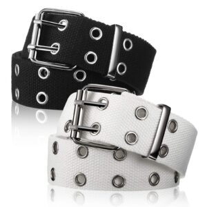 Geyoga 2 Pieces Double Grommet Canvas Belts Two-Hole Jeans Vintage Buckle Punk Belts for Men and Women (White and Black,120 cm)