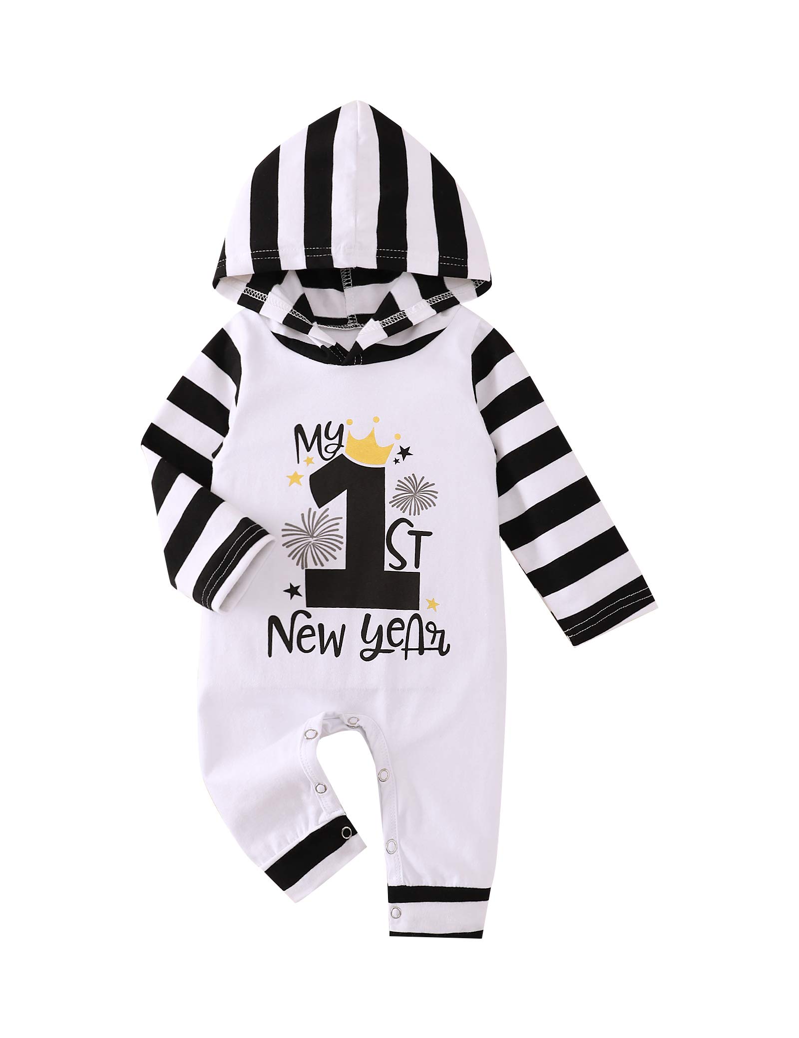 TUEMOS Baby New Year Romper Newborn Baby Boy Girl Clothes My First New Year Letter Print Stripe Hoodie Bodysuits Outfit