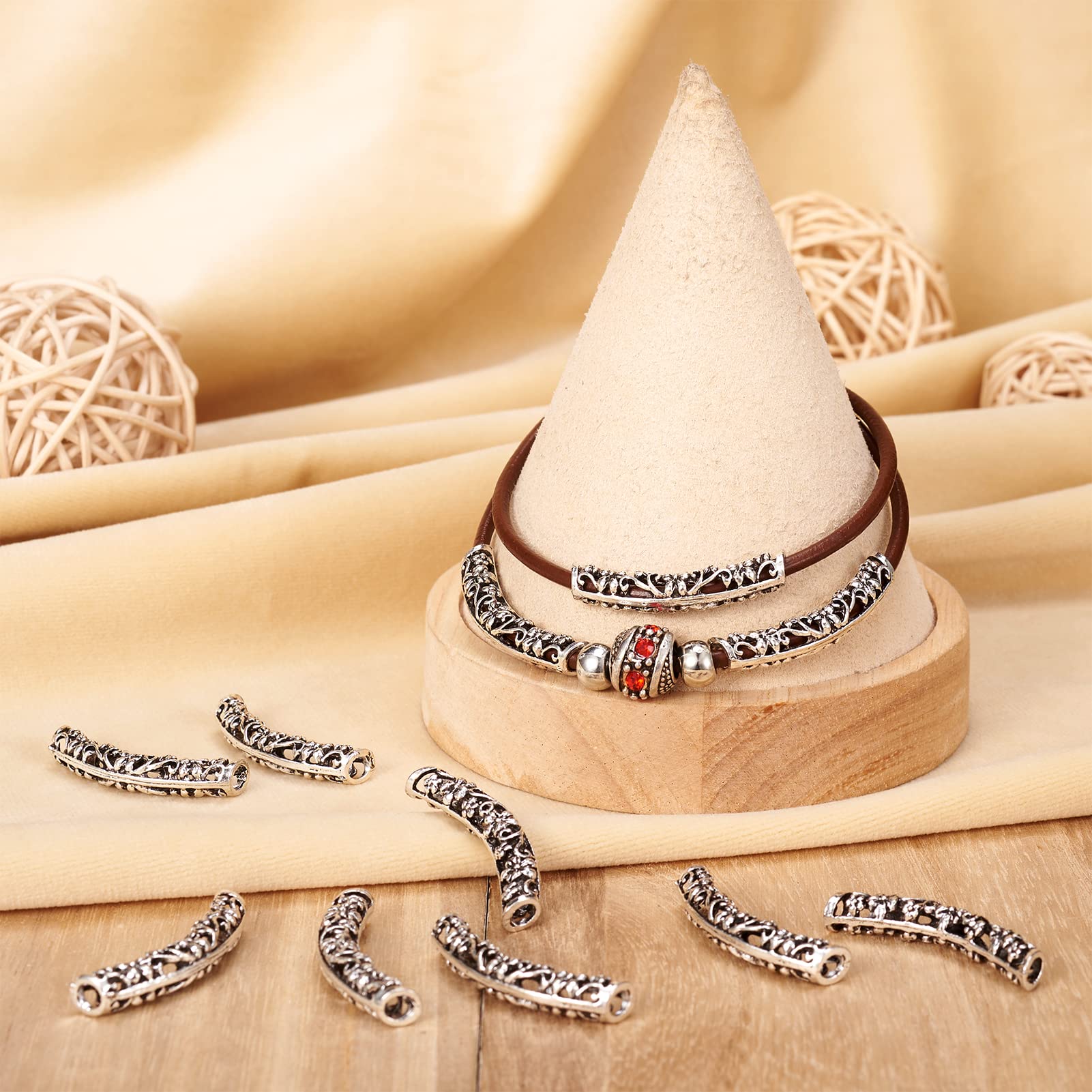 Craftdady 20Pcs Antique Silver Curved Tube Spacer Beads Tibetan Filigree Hollow Noodle Tube Loose Beads 6mm by 32mm for Mutli-Strand Bracelet Necklace Jewelry Craft Making