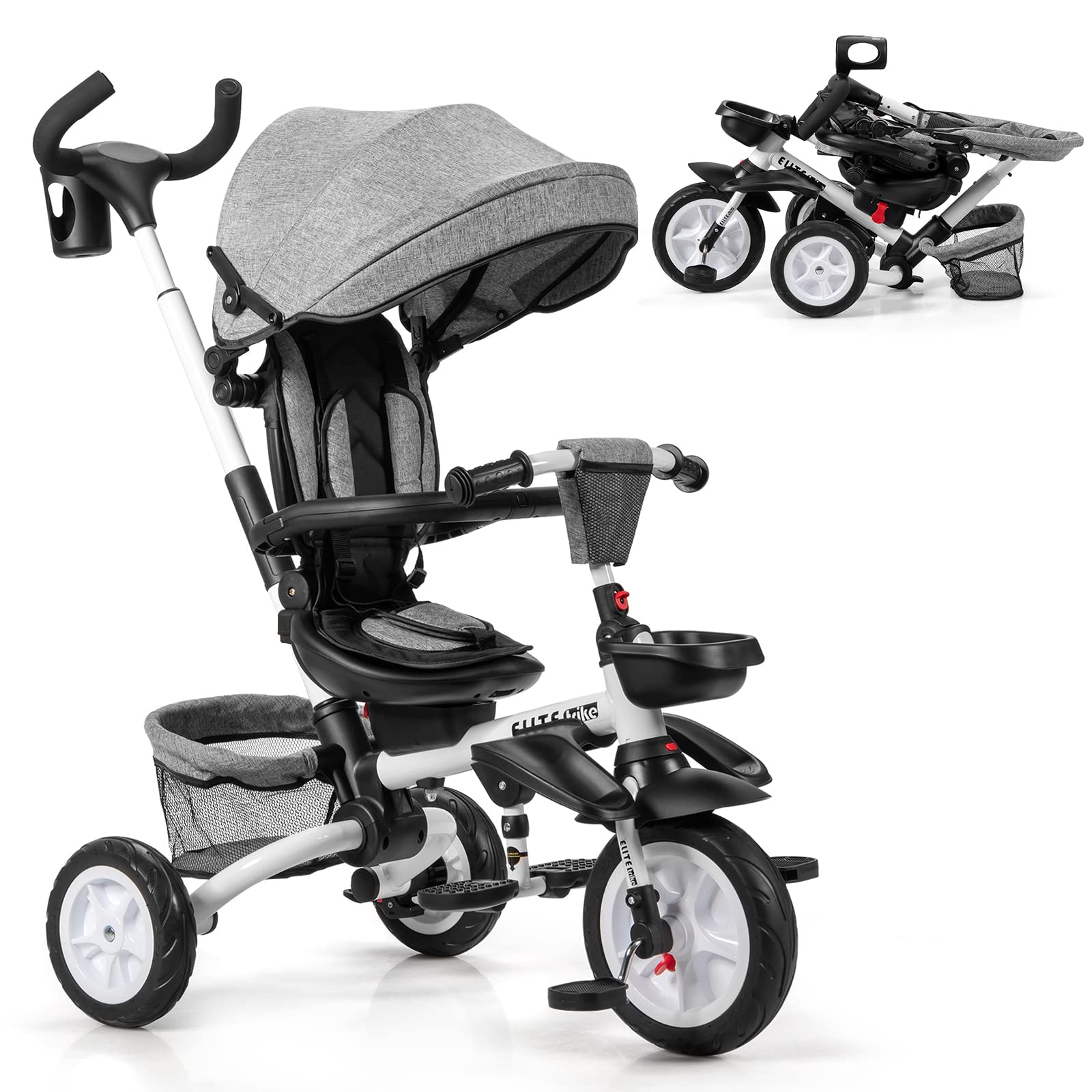 BABY JOY Tricycle, 7 in 1 Folding Toddler Bike w/Removable Push Handle, Rotatable Seat, Adjustable Canopy, Safety Harness, Storage, Cup Holder, Trike for 1-5 Year Old, Tricycle for Toddlers (Gray)