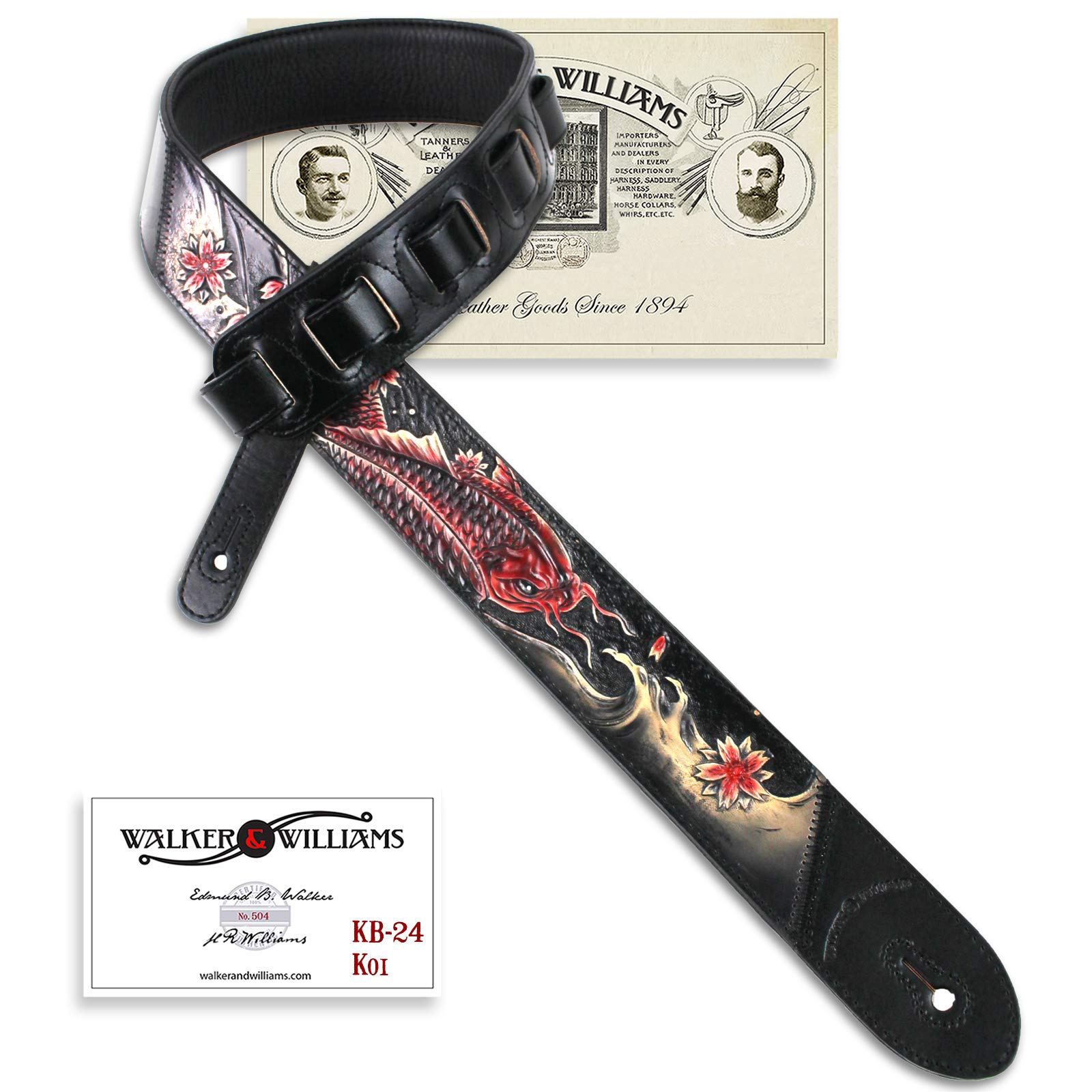 Walker And Williams KB-24 Black & Ruby Red 2" Premium Carved Grain Leather Guitar Strap With Koi Fish Design For Acoustic, Electric, And Bass Guitars