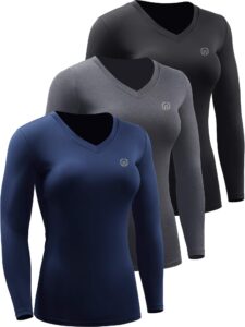 neleus women's 3 pack compression shirts long sleeve yoga athletic running shirts,v-neck,black/grey/navy blue,l