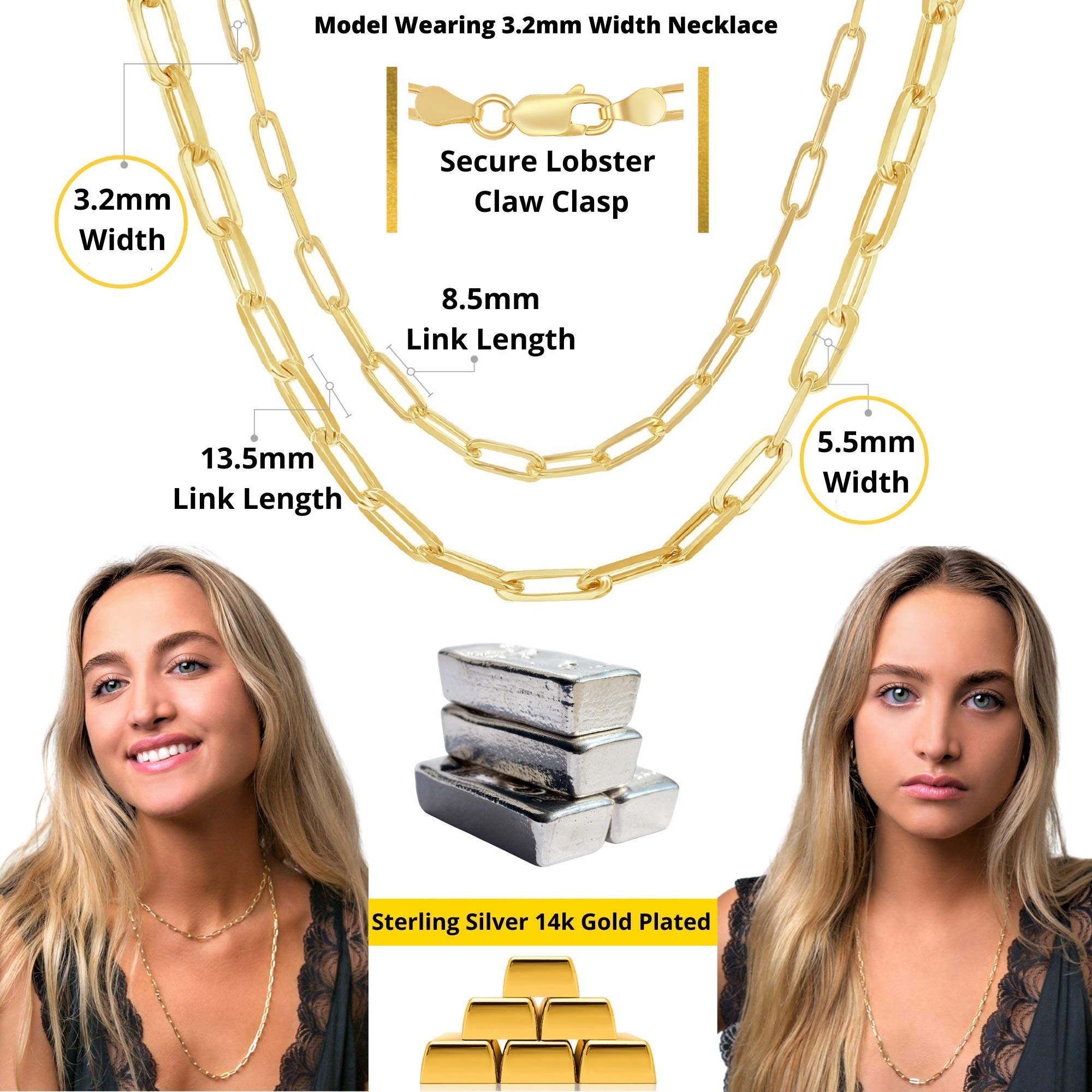 Beaux Bijoux Paperclip Chain Link Necklace Sterling Silver 14k Gold or Rhodium Plated 2.8 3.2mm or 5.5mm Width 16" 18" 20" 22" 24'' and 30 inch Chain Necklaces for Women, Metal, unavailable