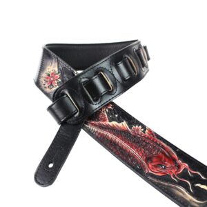 Walker And Williams KB-24 Black & Ruby Red 2" Premium Carved Grain Leather Guitar Strap With Koi Fish Design For Acoustic, Electric, And Bass Guitars