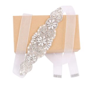 WEZTEZ Bridal Belt Handmade Crystal Wedding Sash Rhinestone Sash for Flower Girl Evening Dress(Silver-organza white)