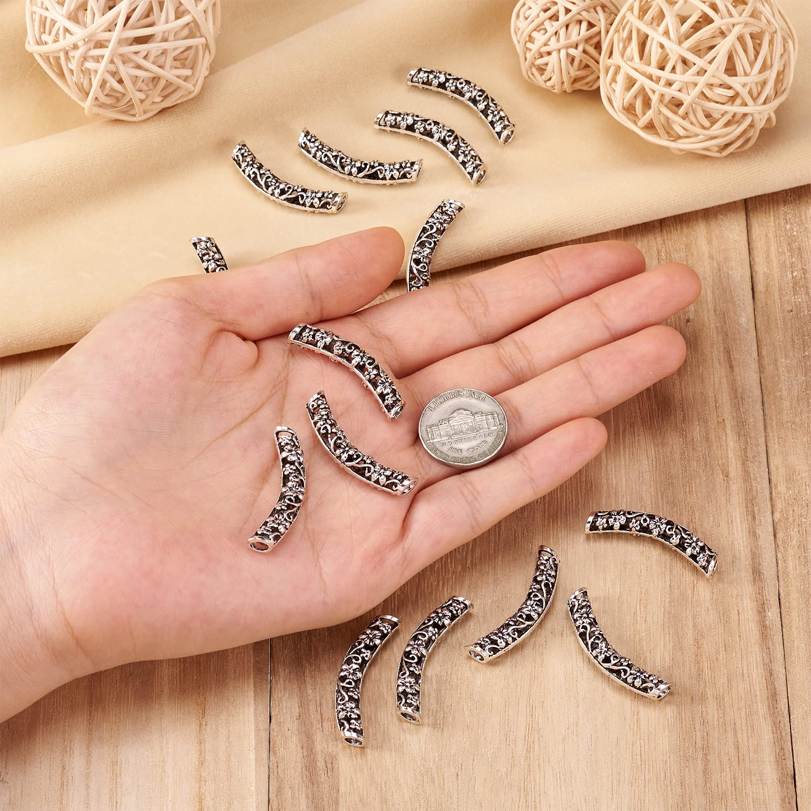 Craftdady 20Pcs Antique Silver Curved Tube Spacer Beads Tibetan Filigree Hollow Noodle Tube Loose Beads 6mm by 32mm for Mutli-Strand Bracelet Necklace Jewelry Craft Making