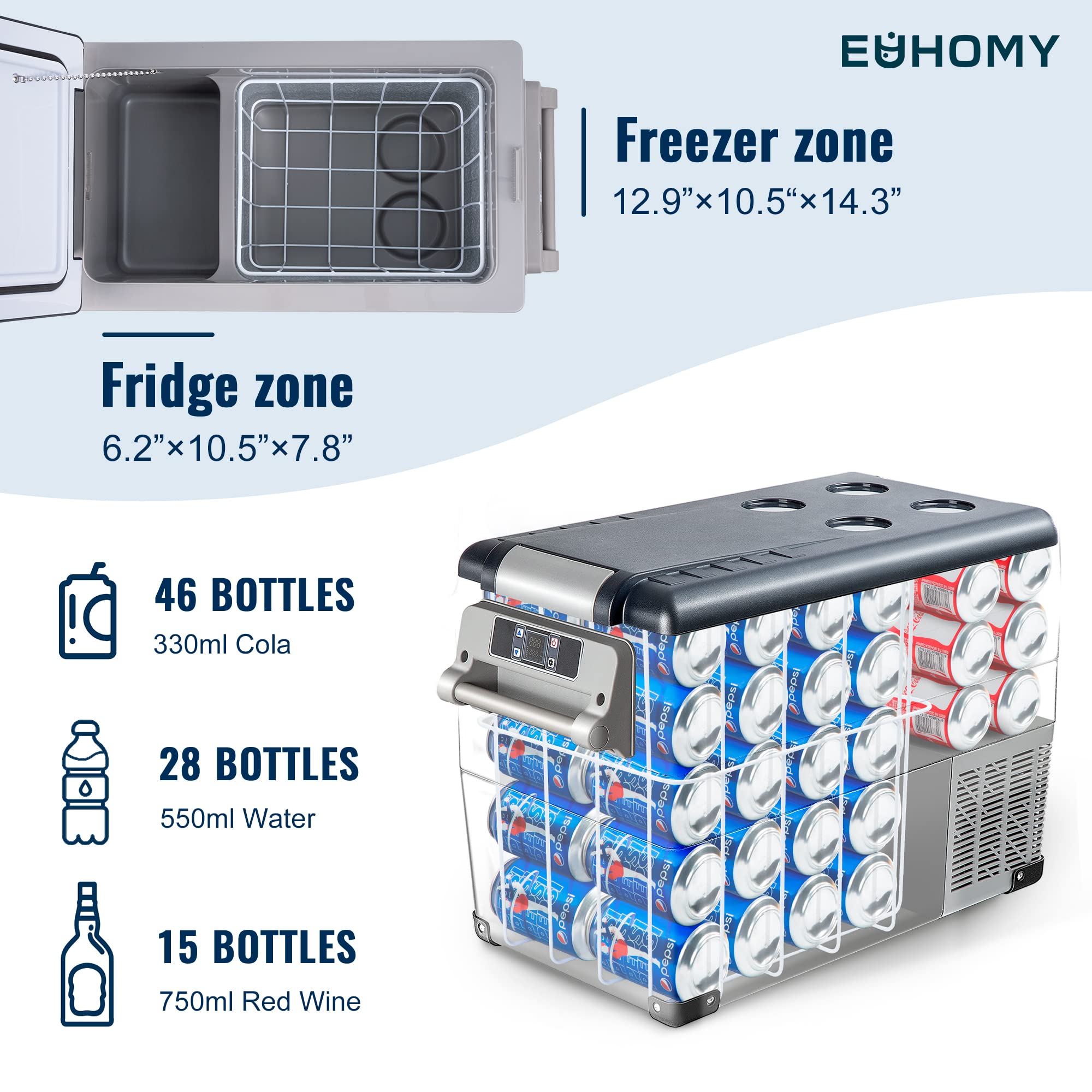 EUHOMY 12 Volt 45 Liter Car Refrigerator with Bluetooth APP Control, 12/24V DC & 110V AC, Portable Freezer Fridge Cooler for Car, RV, Camping, Home Use