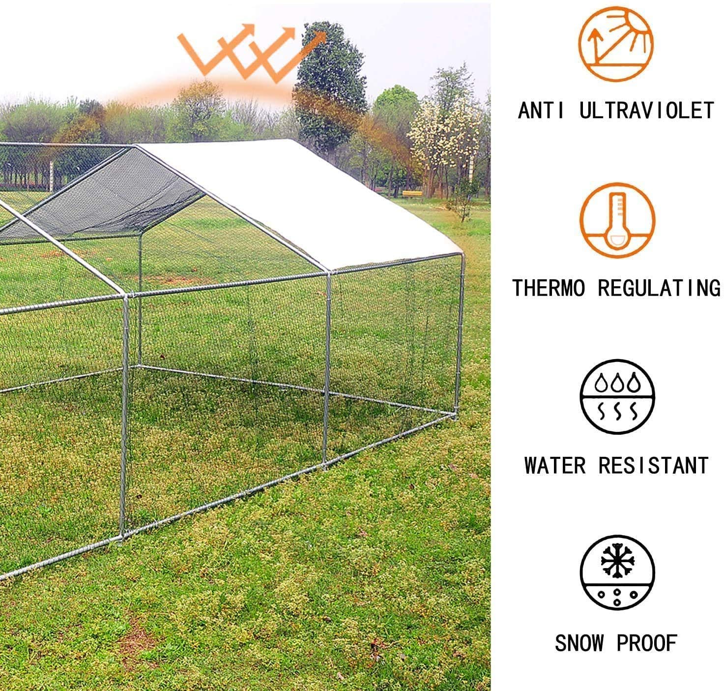 Large Chicken Coop Walk-in Metal Poultry Cage House Rabbits Habitat Cage Spire Shaped Coop with Waterproof and Anti-Ultraviolet Cover for Outdoor Backyard Farm Use (9.8' L x 26.2' W x 6.56' H)