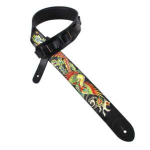 walker and williams kb-31 skinny series 2" wide flat black premium grain leather padded guitar strap with hand tooled red and gold phoenix design