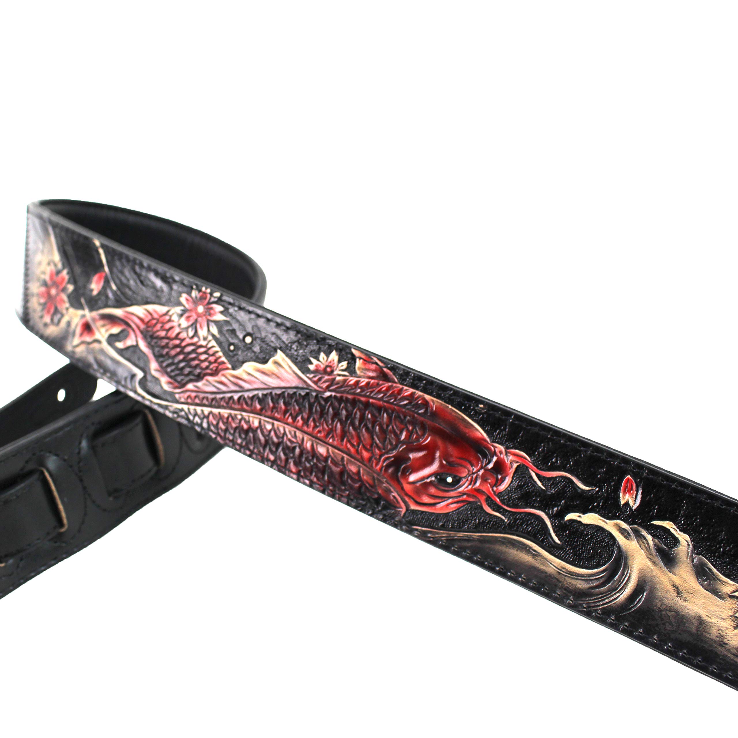 Walker And Williams KB-24 Black & Ruby Red 2" Premium Carved Grain Leather Guitar Strap With Koi Fish Design For Acoustic, Electric, And Bass Guitars