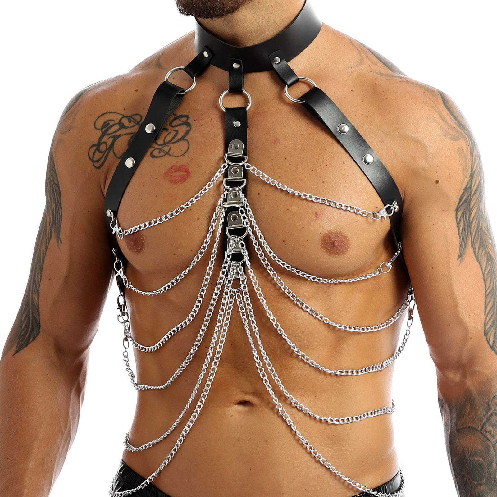 YiZYiF Men's Adjustable Leather Body Chest Harness Belt Clubwear with Fancy Buckles Chains Black One Size