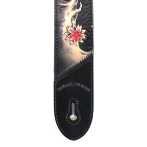 Walker And Williams KB-24 Black & Ruby Red 2" Premium Carved Grain Leather Guitar Strap With Koi Fish Design For Acoustic, Electric, And Bass Guitars