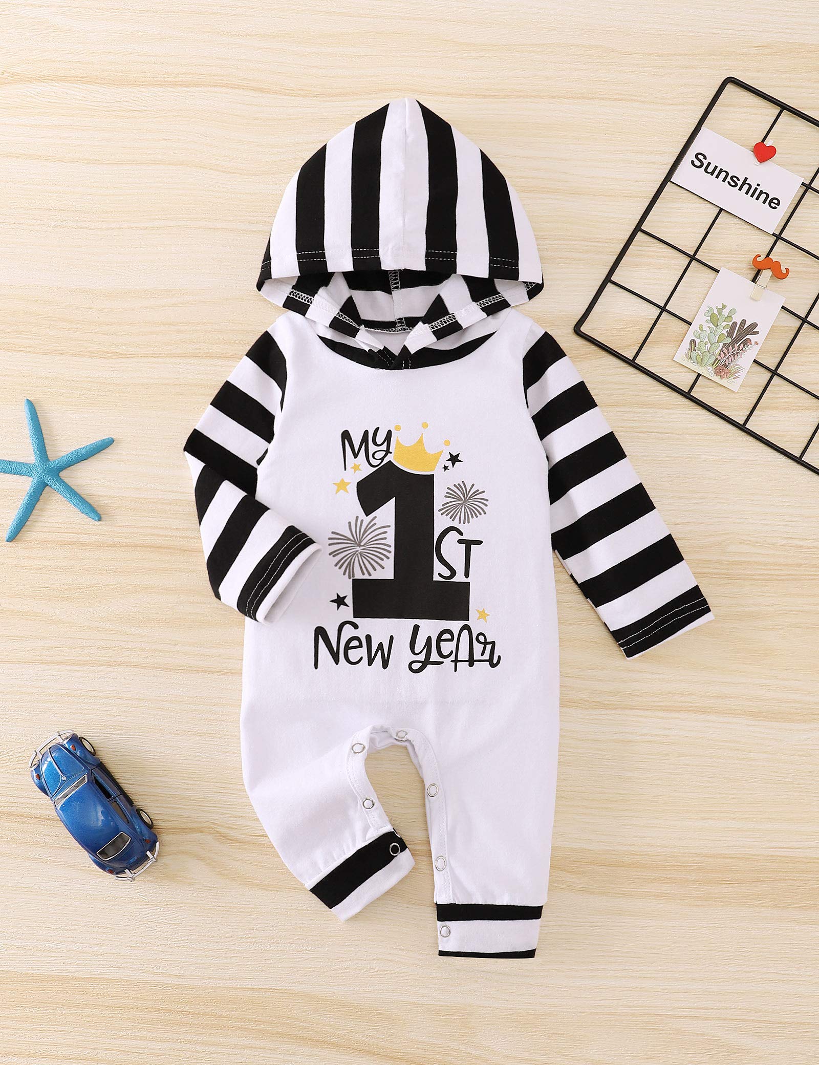 TUEMOS Baby New Year Romper Newborn Baby Boy Girl Clothes My First New Year Letter Print Stripe Hoodie Bodysuits Outfit