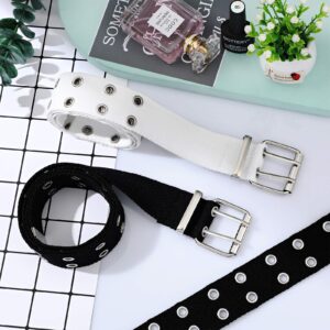 Geyoga 2 Pieces Double Grommet Canvas Belts Two-Hole Jeans Vintage Buckle Punk Belts for Men and Women (White and Black,120 cm)