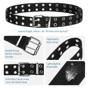 Geyoga 2 Pieces Double Grommet Canvas Belts Two-Hole Jeans Vintage Buckle Punk Belts for Men and Women (White and Black,120 cm)