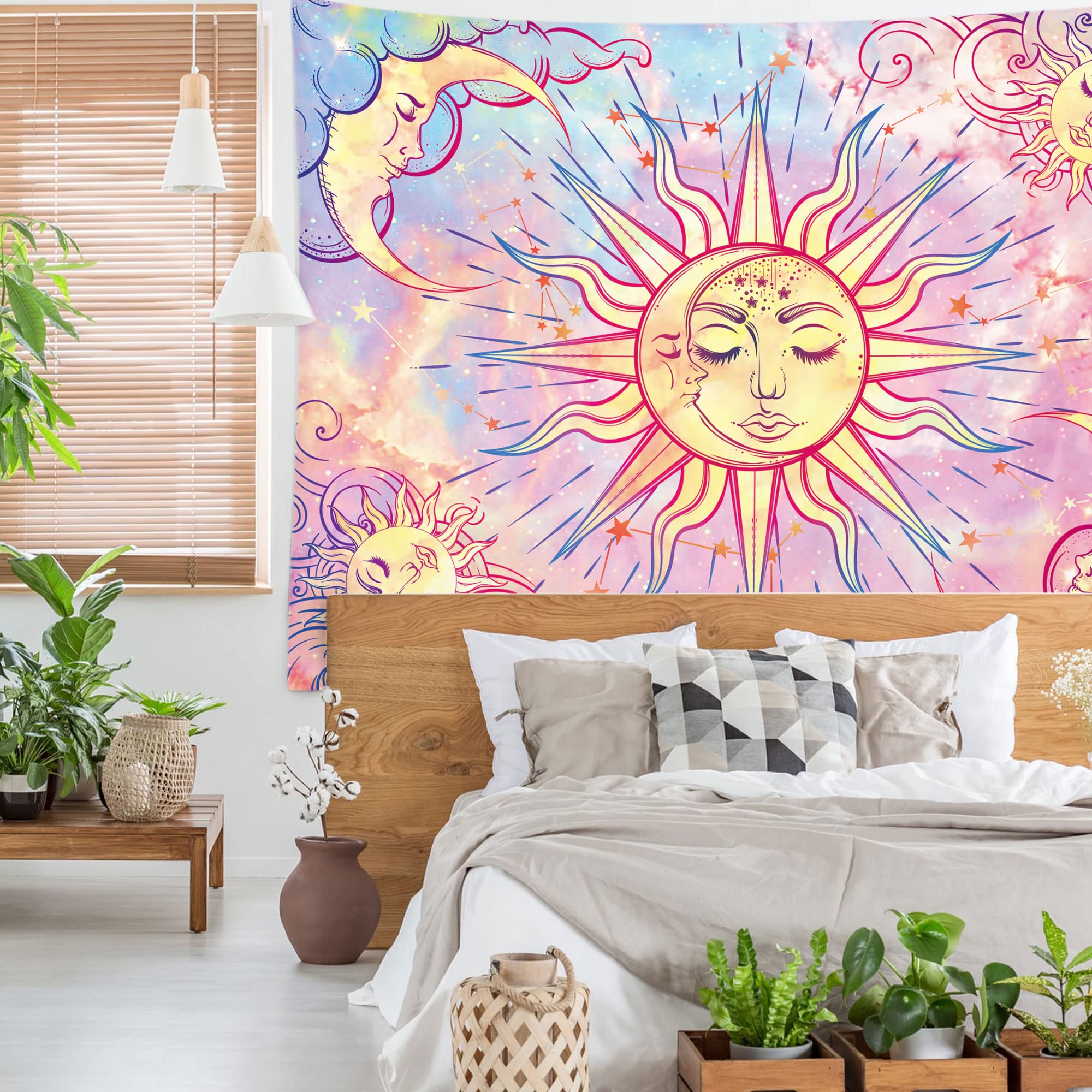 Ohjijinn Pastel Pink Tapestry Burning Sun Tapestry Mystic Tapestry Celestial Sun and Moon with Stars Tapestry Psychedelic Hippy Tie Dye Wall Hanging for Party Home Decor (Pastel, 51.2" x 59.1")