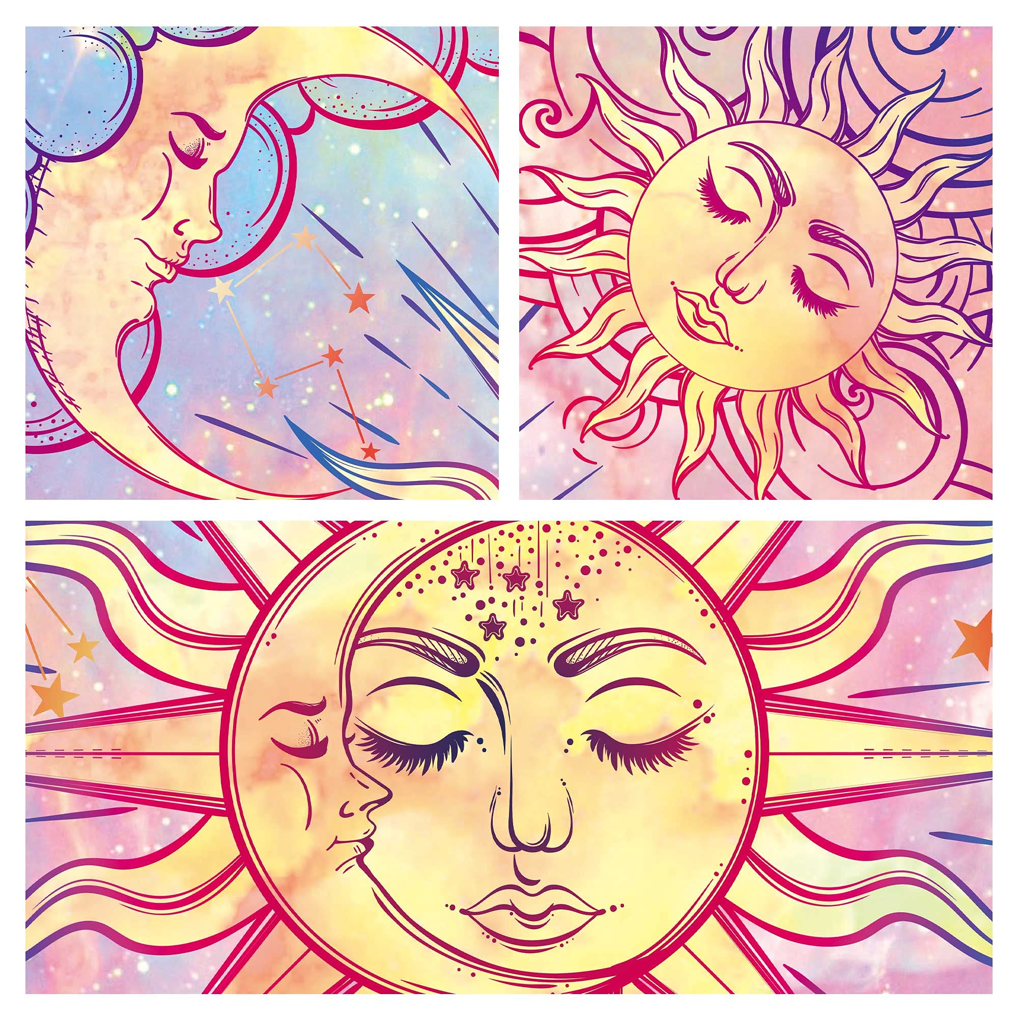 Ohjijinn Pastel Pink Tapestry Burning Sun Tapestry Mystic Tapestry Celestial Sun and Moon with Stars Tapestry Psychedelic Hippy Tie Dye Wall Hanging for Party Home Decor (Pastel, 51.2" x 59.1")