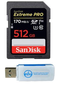 sandisk 512gb extreme pro sd memory card sdxc uhs-i card for sony alpha a7c, a6600, a6100, a6400 camera (sdsdxxy-512g-gn4in) u3 uhd video class 10 bundle with (1) everything but stromboli card reader