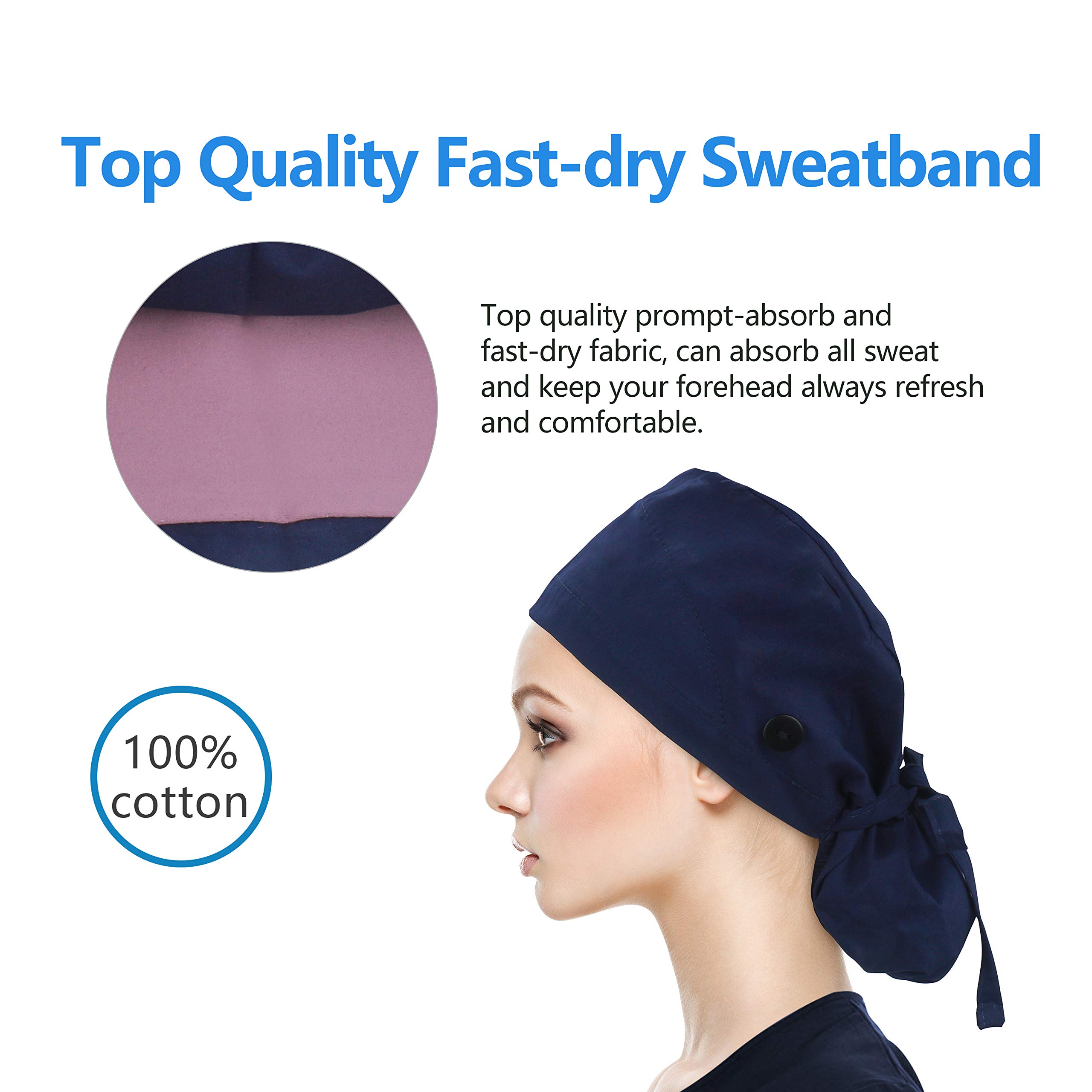 QBA Adjustable Working Cap with Button, Cotton Working Hat Sweatband, Elastic Bandage Tie Back Hats for Women & Men, One Size (Navy PT)