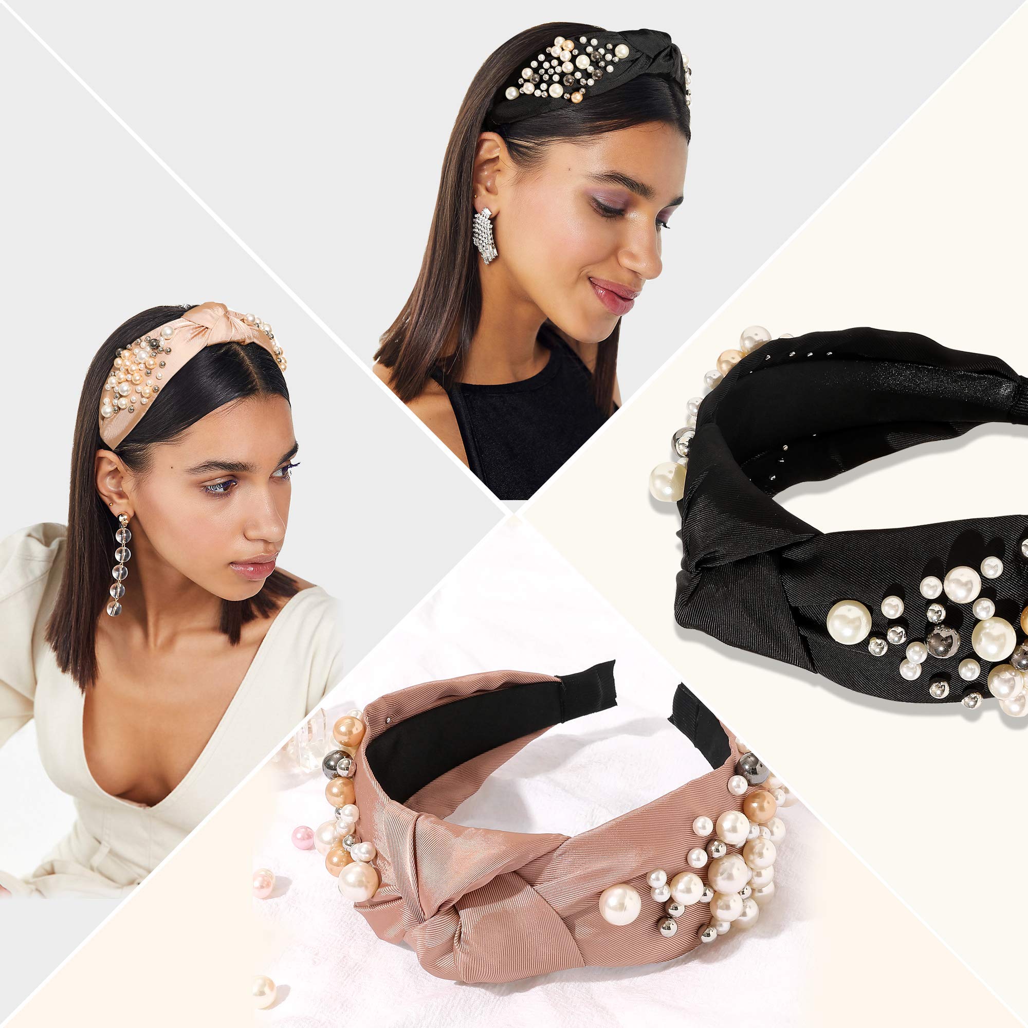 Ivyu Headbands - Knotted Pearl Diademas Para Mujer De Moda Hair Accessories Hairbands for Girls No Slip Fashion Cute Top Knot Headband Gift for Women Black Pink Gold