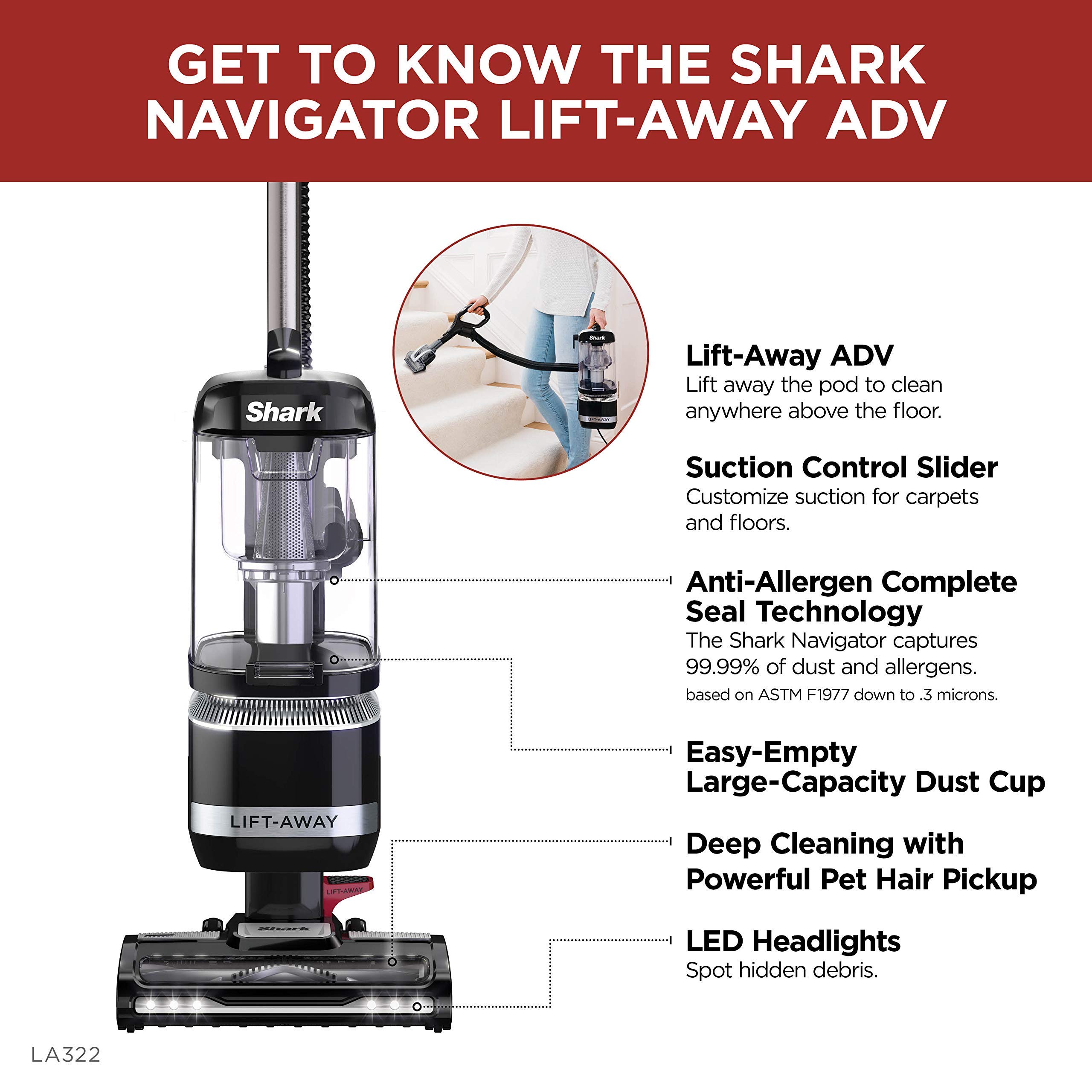 Shark LA322 Navigator Lift-Away ADV Corded Lightweight Upright Vacuum with Detachable Pod Pet Power Brush, Crevice Tool and Dusting Brush, Black (Renewed)