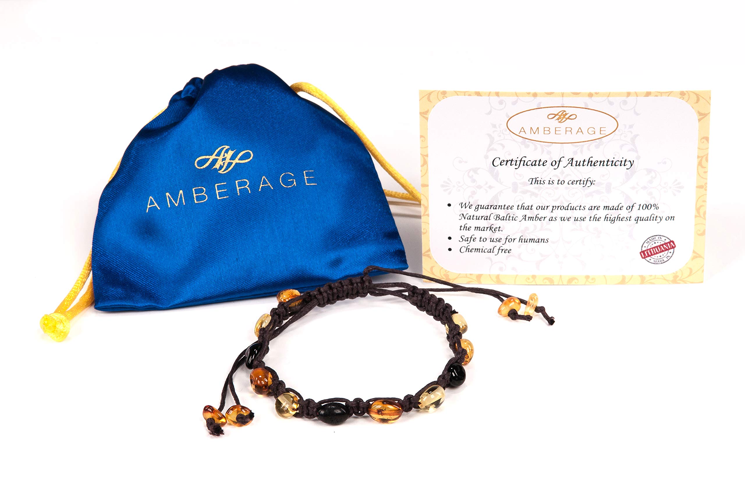 AMBERAGE Friendship Braided Bracelets with Natural Baltic Amber Beads for Adults/Teens- Hand Made (4 Colors) (1PC BROWN COLOR)