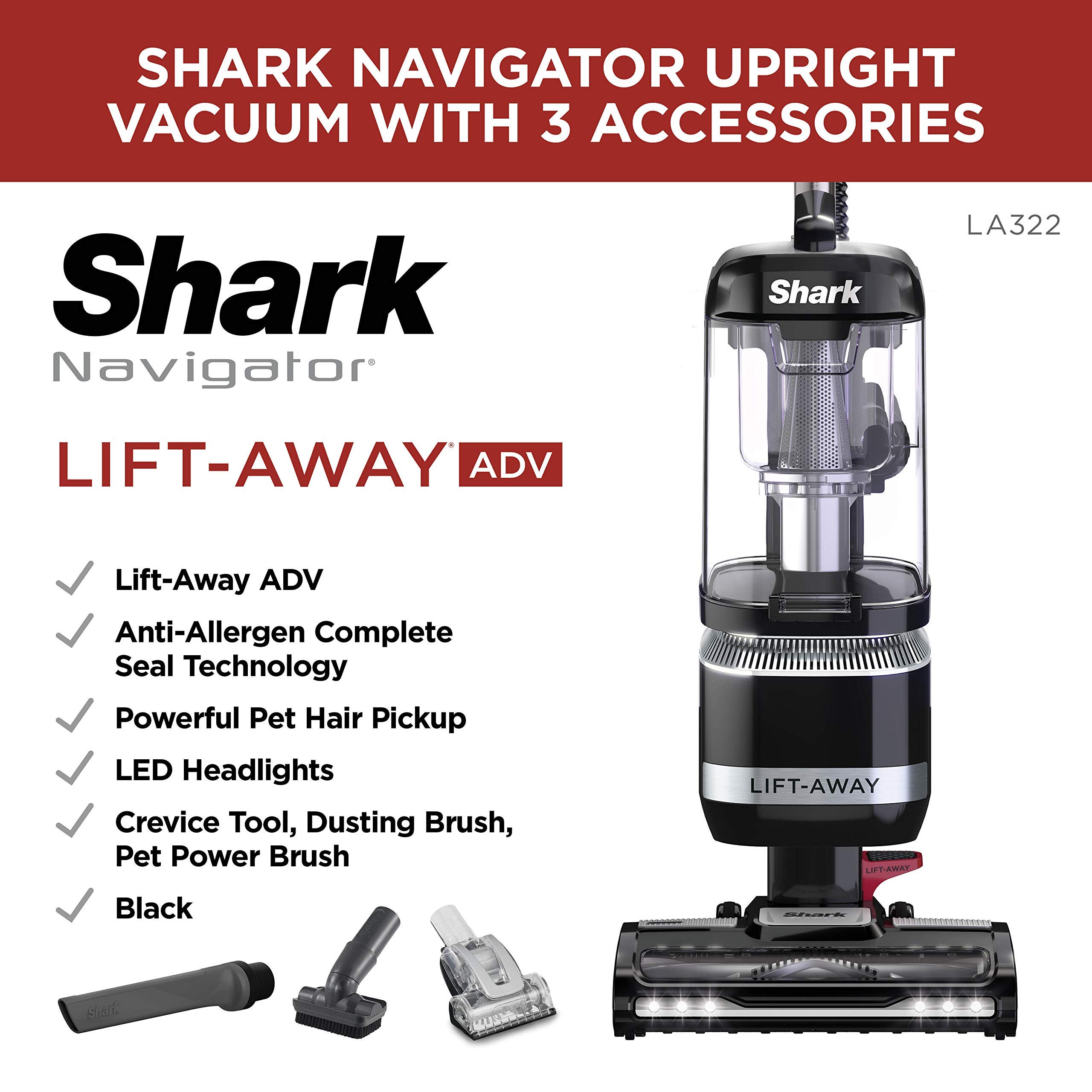 Shark LA322 Navigator Lift-Away ADV Corded Lightweight Upright Vacuum with Detachable Pod Pet Power Brush, Crevice Tool and Dusting Brush, Black (Renewed)