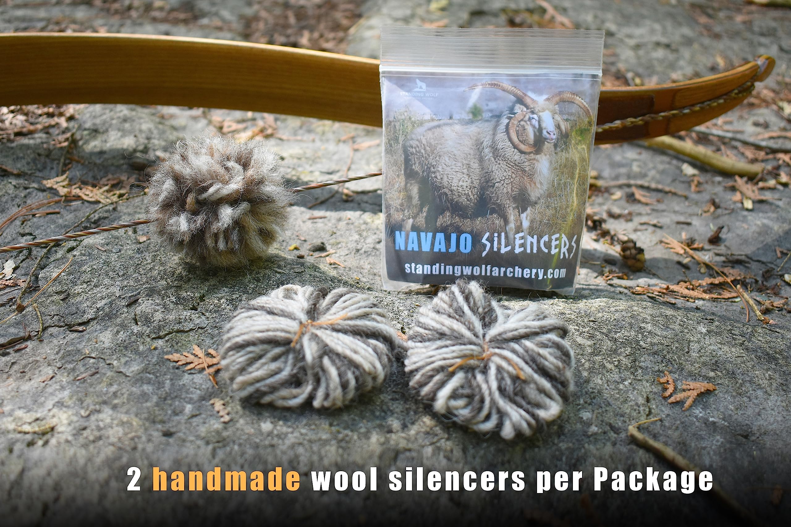 Standing Wolf Navajo Wool Bow String Silencers | Traditional Style Archery Recurve String Silencer | Noise Dampeners for Archery | One Pair Per Package (Wolf Gray)