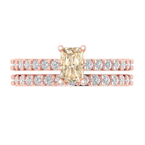 Clara Pucci 1.51ct Emerald Cut Solitaire Natural Brown Morganite Designer Art Deco Statement Wedding Ring Band Set 18K Rose Pink Gold 9.5