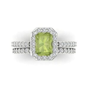 Clara Pucci 2.20ct Emerald Cut Halo Solitaire Natural Peridot Engagement Promise Anniversary Bridal Ring Band set 18K White Gold 9