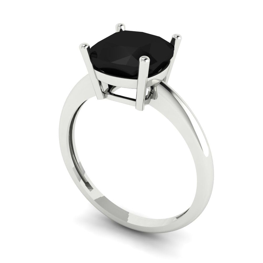 2.6 ct Cushion Cut Solitaire Black Onyx Classic Art Deco Bridal Wedding Statement ring Solid 18K White Gold for Women Size 6