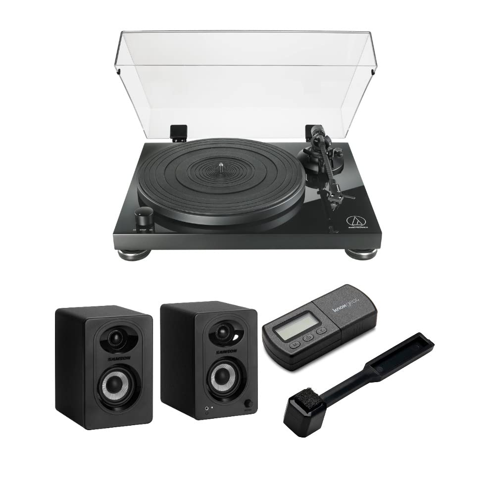 Audio-Technica AT-LPW50PB Fully Manual Belt-Drive Turntable Bundle Bluetooth Studio Monitors - Pair, Cleaning Brush, and Turntable Stylus Scale (4 Items)