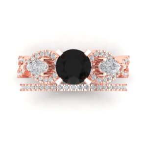 2.1 ct round cut solitaire 3 stone natural black onyx designer art deco statement wedding ring band set 18k rose gold 8