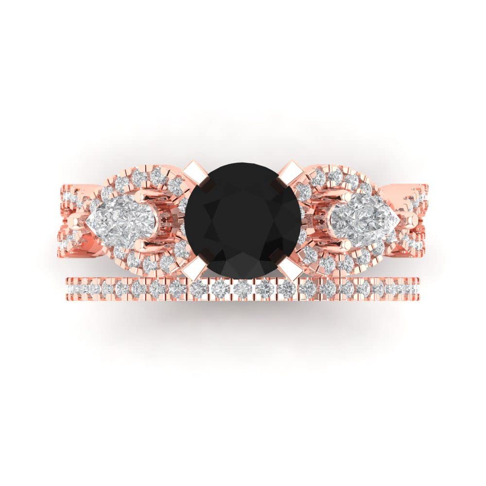 2.1 ct Round Cut Solitaire 3 stone Natural Black Onyx Designer Art Deco Statement Wedding Ring Band Set 18K Rose Gold 8