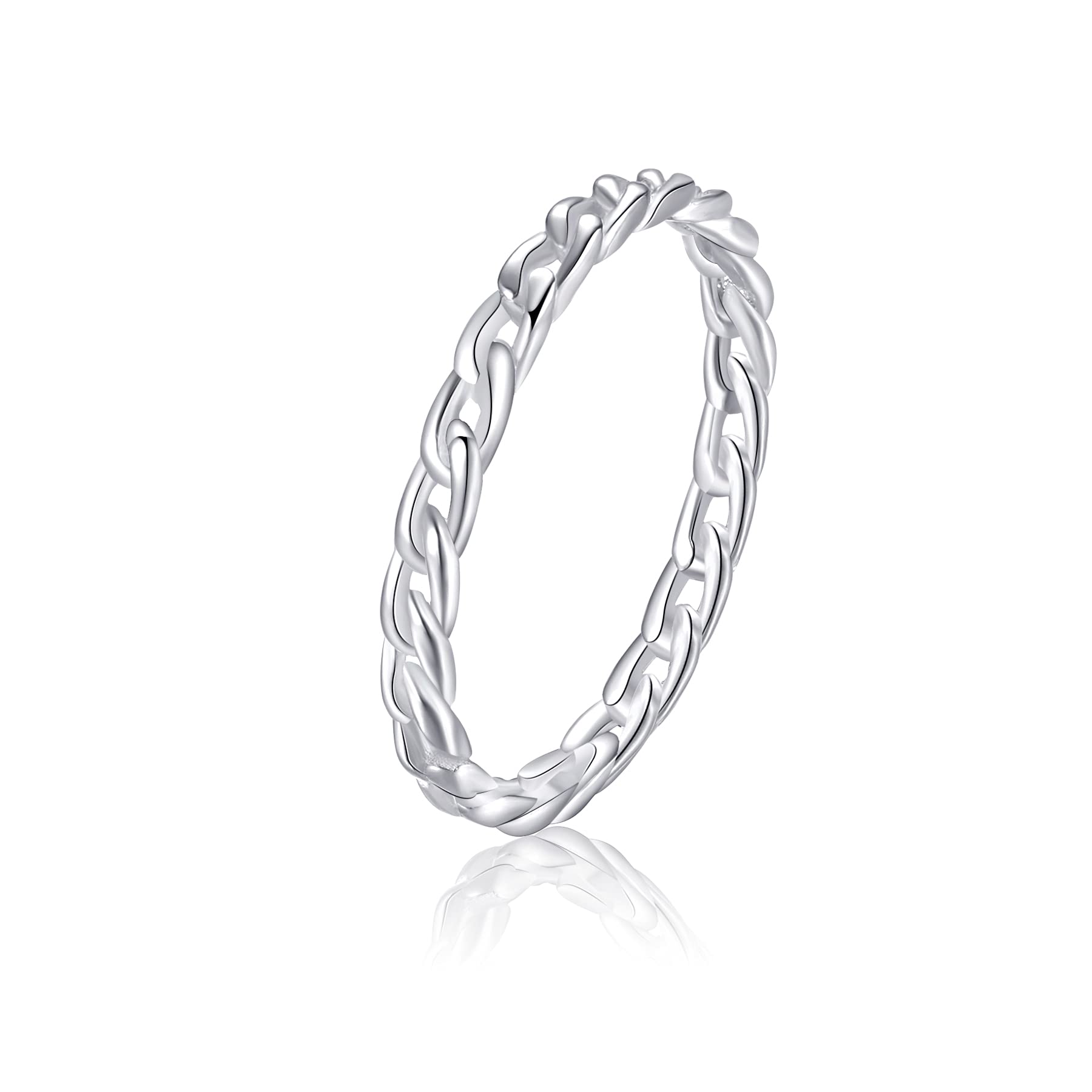 CANDYFANCY 2mm Thin Simple Cuban Chain Link Rings 925 Sterling Silver Filigree Cool Plain Minimalist Middle Finger Thumb Stacking Band Rings Size 2.5