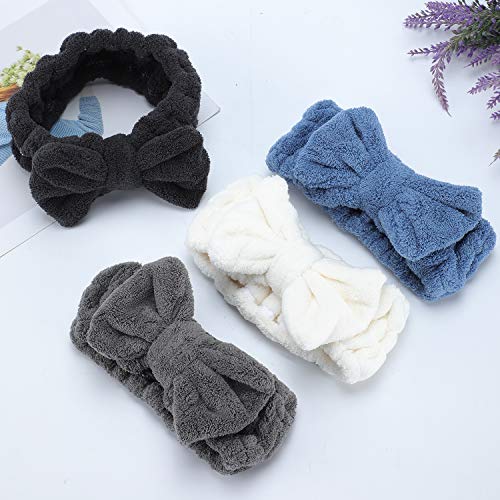 Senkary 4 Pack Bow Makeup Headband Microfiber Spa Headbands Towel Headband Soft Puffy Washing Face Headband for Women Girls Shower Bath Skincare (White, Blue, Black, Dark Grey)