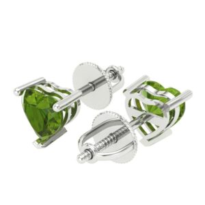 1.0 ct Brilliant Heart Cut Solitaire VVS1 Natural Green Peridot Pair of Stud Earrings Solid 18K White Gold Screw Back