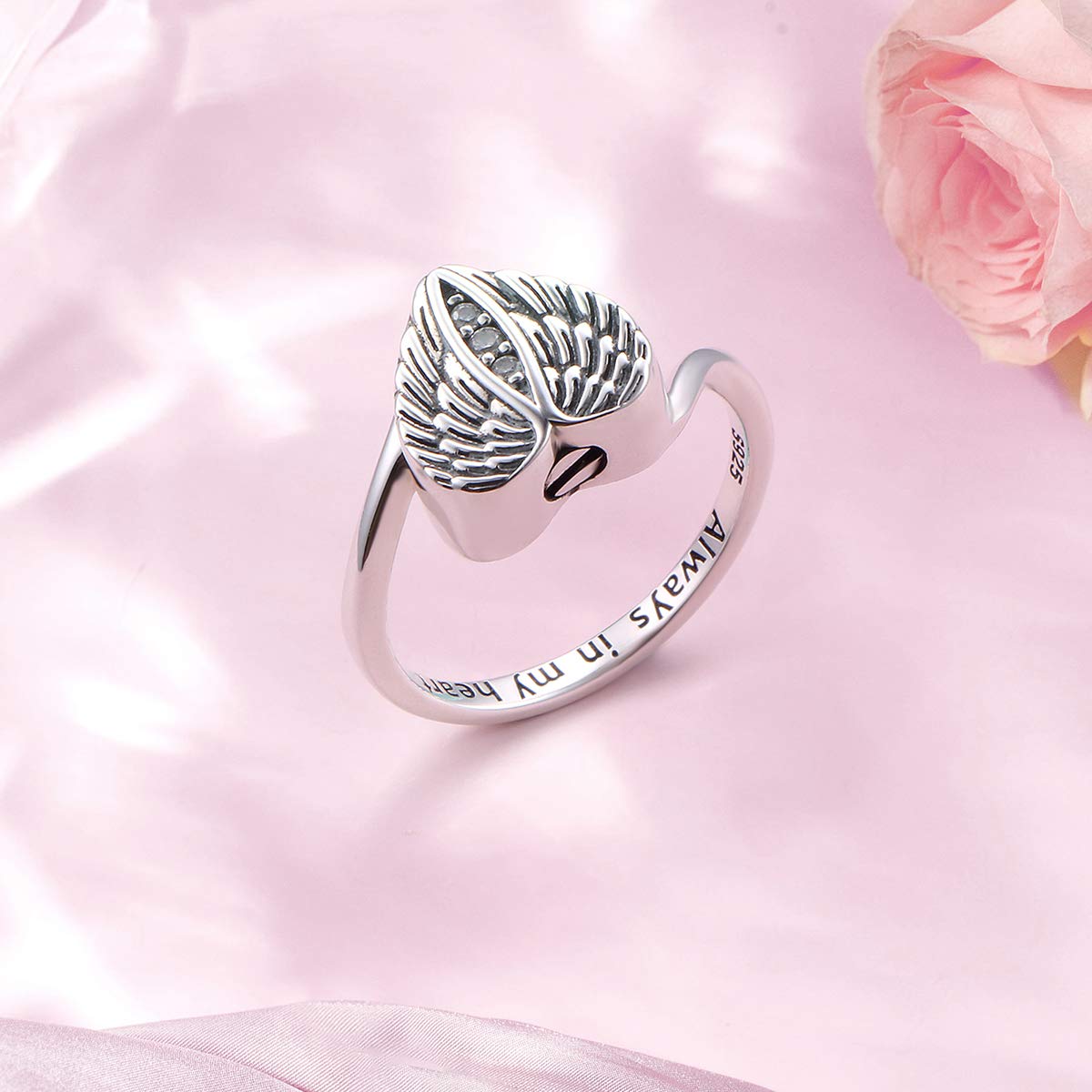 925 Sterling Silver Angel Wings Urn Heart Ring Hold Loved Ones Ashes Always in My Heart Keepsake Memorial Jewelry Cremation Rings for Women（8）