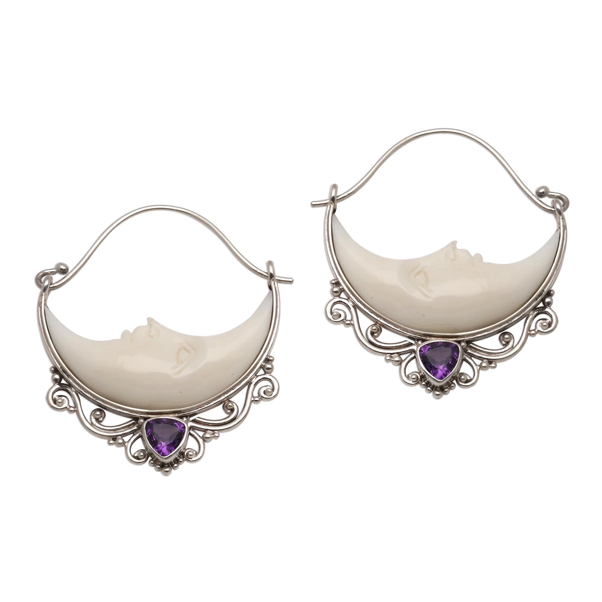 NOVICA Artisan Handmade Amethyst Hoop Earrings Crescent Moon from Bali Bone Sterling Silver Indonesia Birthstone Gemstone Sun [1.4 in L x 0.2 in W x 1.2 in D] ' Sleeping Moons'