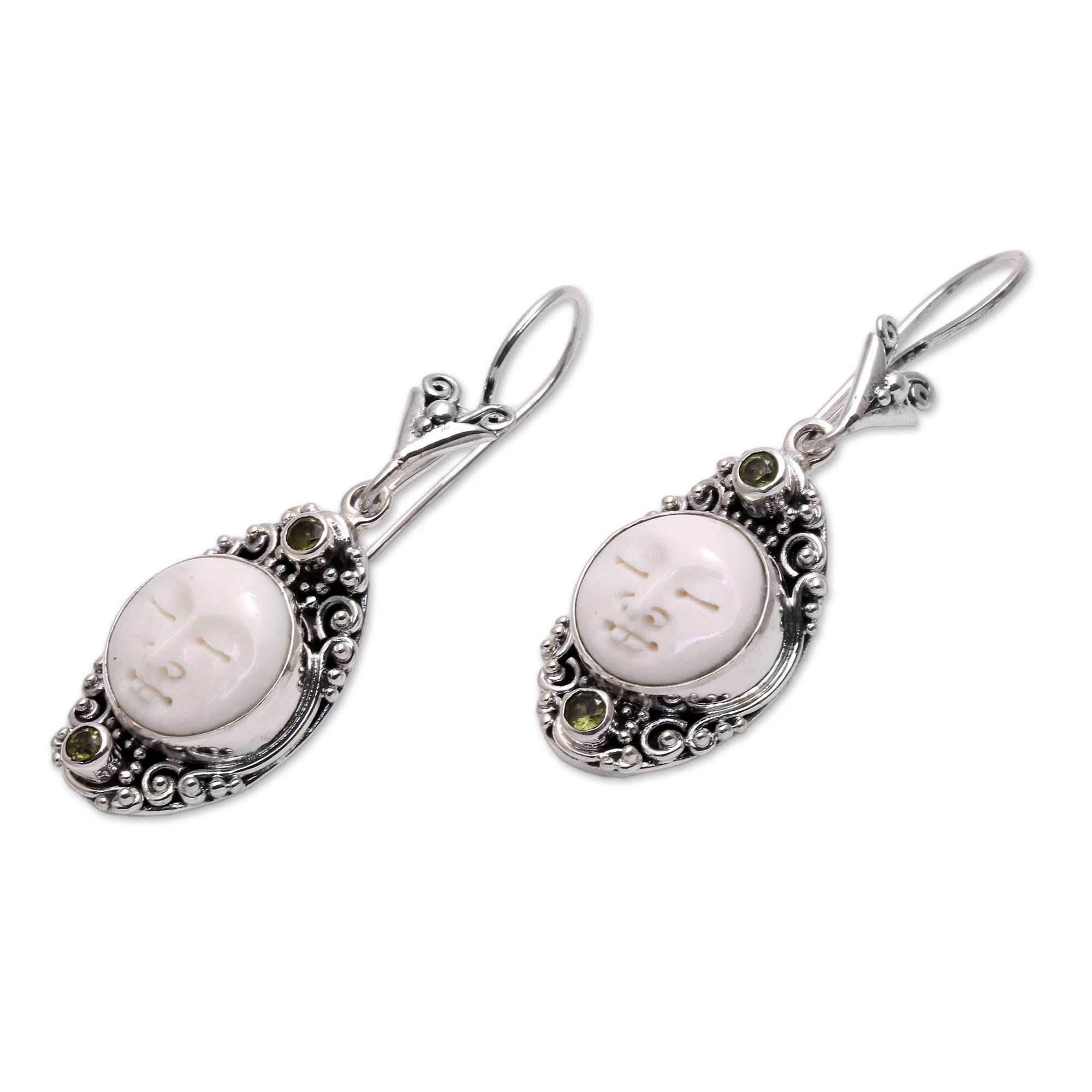 NOVICA Artisan Handmade Peridot Dangle Earrings Face Motif from Bali Sterling Silver Bone Indonesia Birthstone Gemstone [2.1 in H x 0.7 in W x 0.4 in D] ' Face of The Soul'